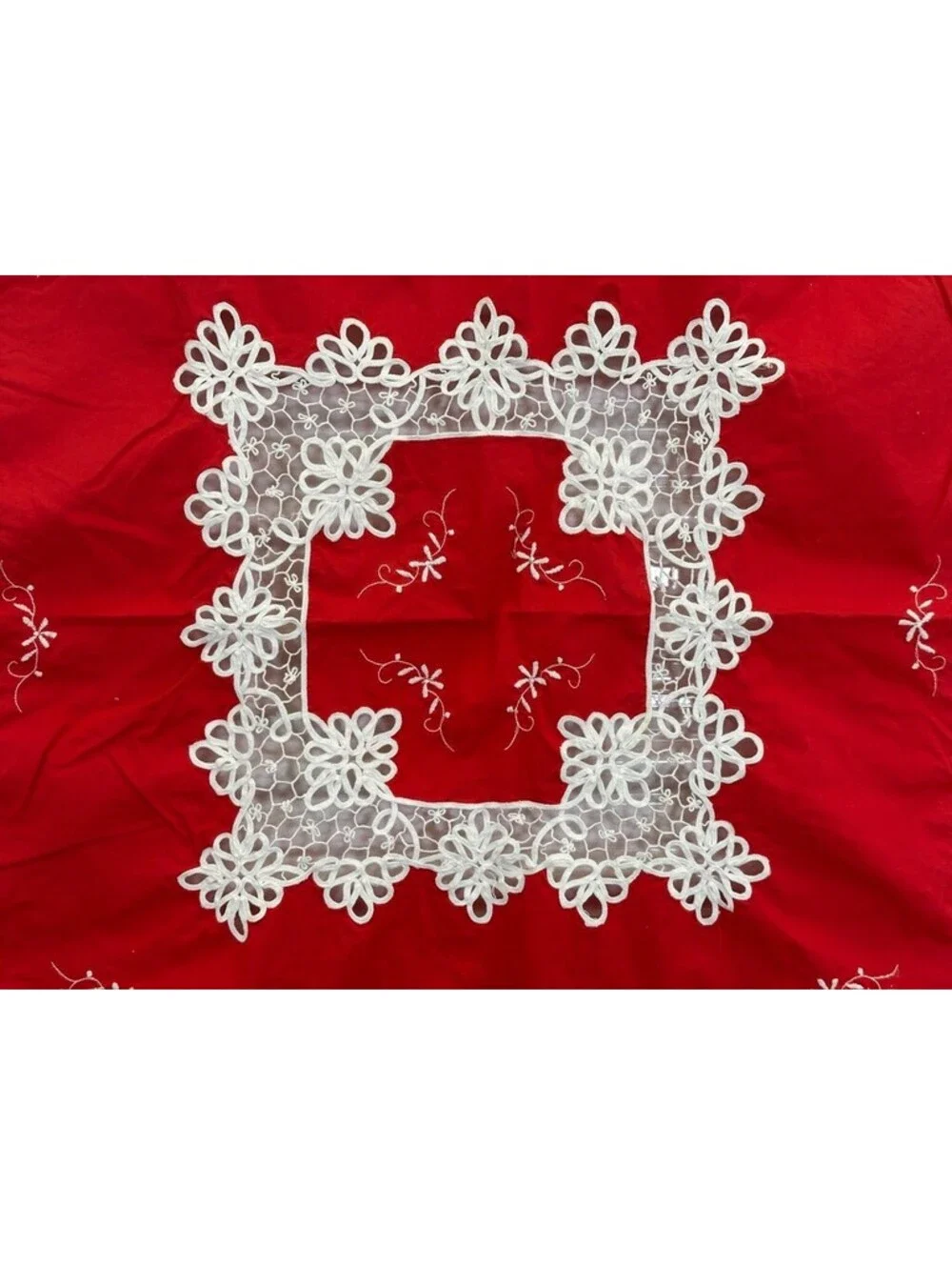 Vintage Cutwork Tablecloth Card Table Topper Floral Red White Embroidery Machine